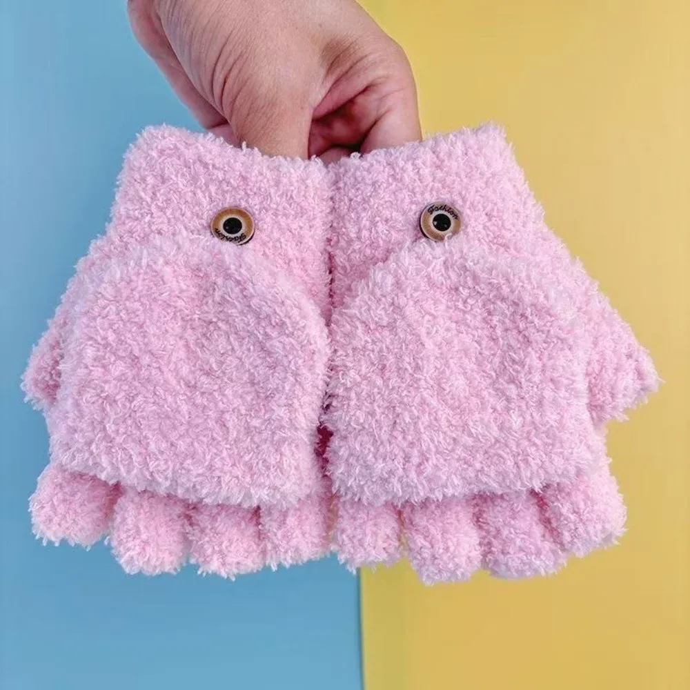 Nuevos guantes cálidos de Color sólido para niños, guantes de medio dedo a prueba de viento y frío, guantes cálidos tejidos con tapa para otoño e invierno - imagen 3