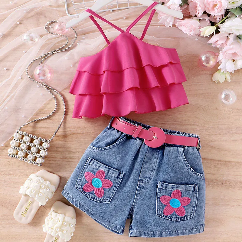 Conjuntos de ropa de verano para niñas de 3 piezas, Tops lisos sin mangas a la moda coreana para bebés, pantalones cortos de flores de mezclilla y cinturón, ropa de Boutique para niños B051