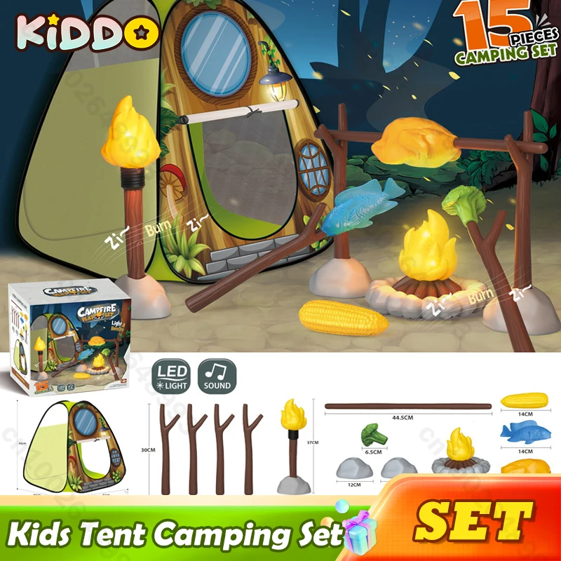 Juego de tienda de campaña para niños, juguetes para niños pequeños con fogata, juguetes para acampar para niños, interior y exterior, juego de simulación, modelos de luz y sonido