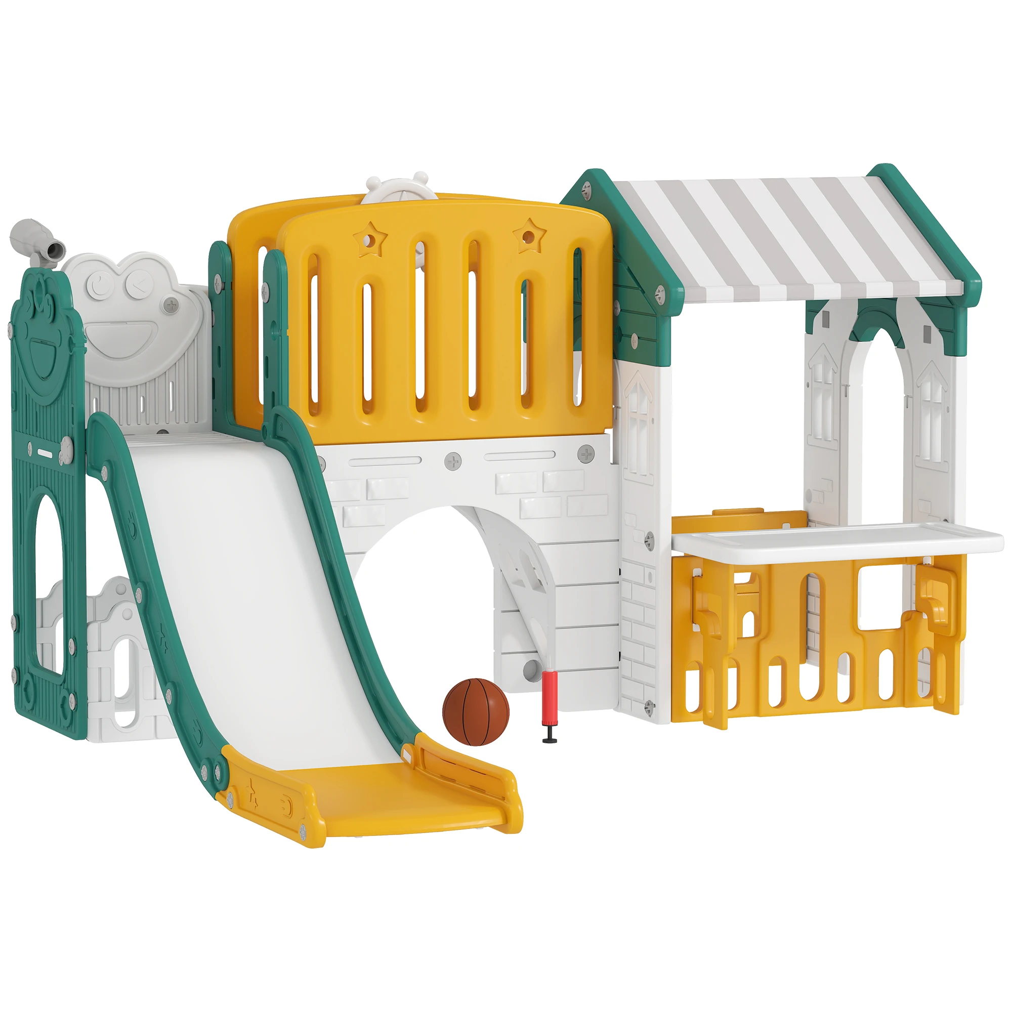 AIYAPLAY Tobogán Infantil 7 en 1 con Caseta para Niños, Tobogán con Escalera, Aro de Baloncesto, Túnel, Pizarra, Telescopio, para Interior, Amarillo y Verde