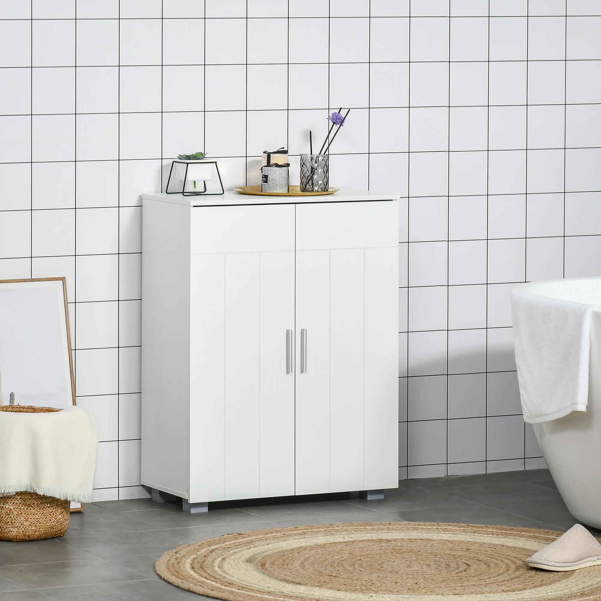 kleankin Armario de Baño con 2 Puertas y 2 Estantes Ajustables de 7 Niveles Mueble Auxiliar de Almacenaje para Salón Cocina Antivuelco 60x30x80 cm Blanco - imagen 2