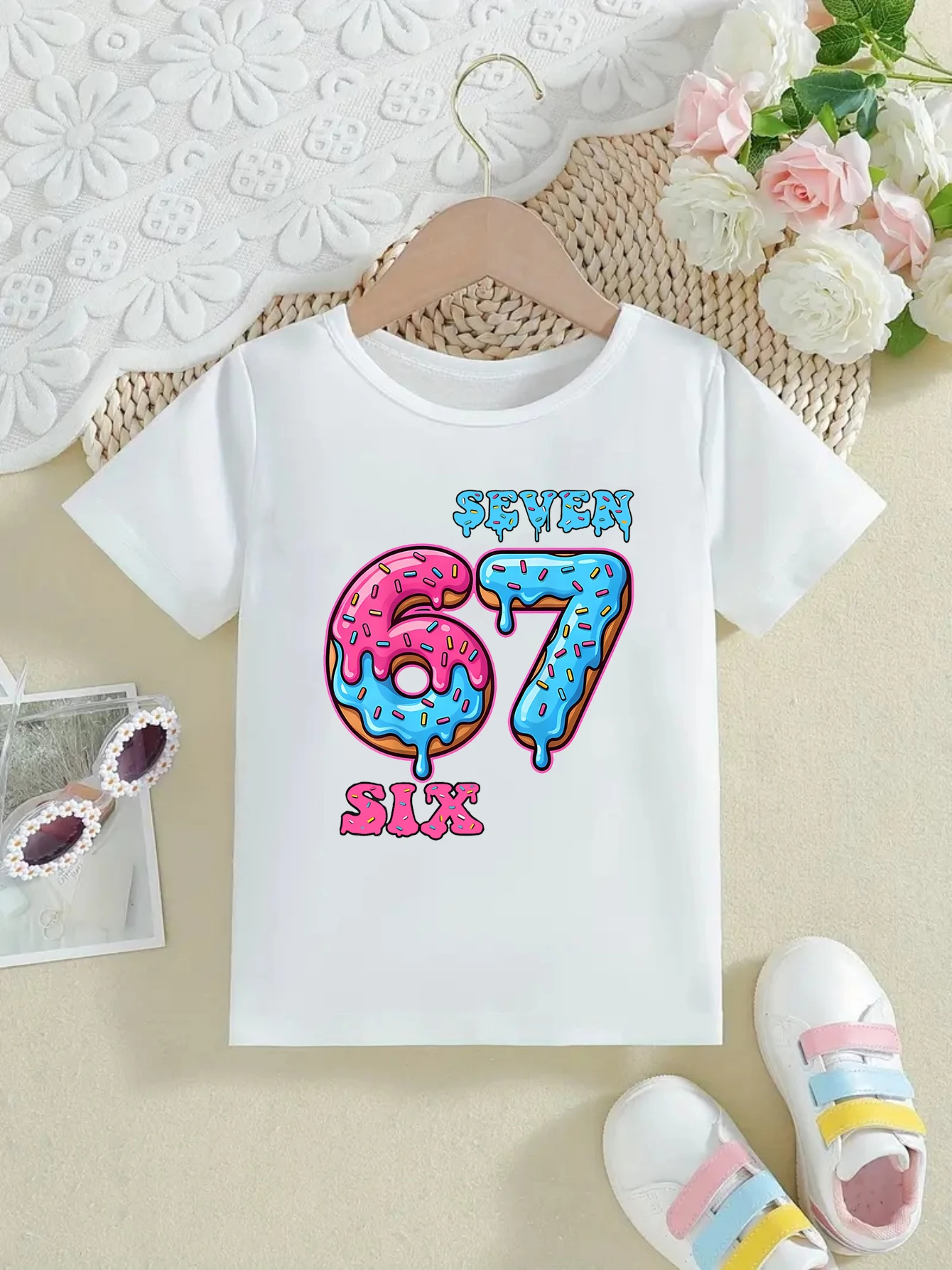 Camiseta colorida con estampado de helado 67 Six Seven Meme para niñas/niños, regalo de 6 a 7 ° cumpleaños, ropa divertida Kawaii para niños - imagen 3