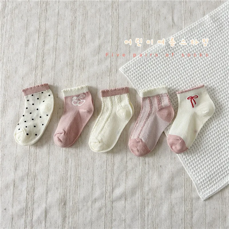 5 par/set Primavera Verano dulce niños niña calcetín Beige Color rosa princesa arco corto tobillo calcetín malla fina transpirable calcetín escolar