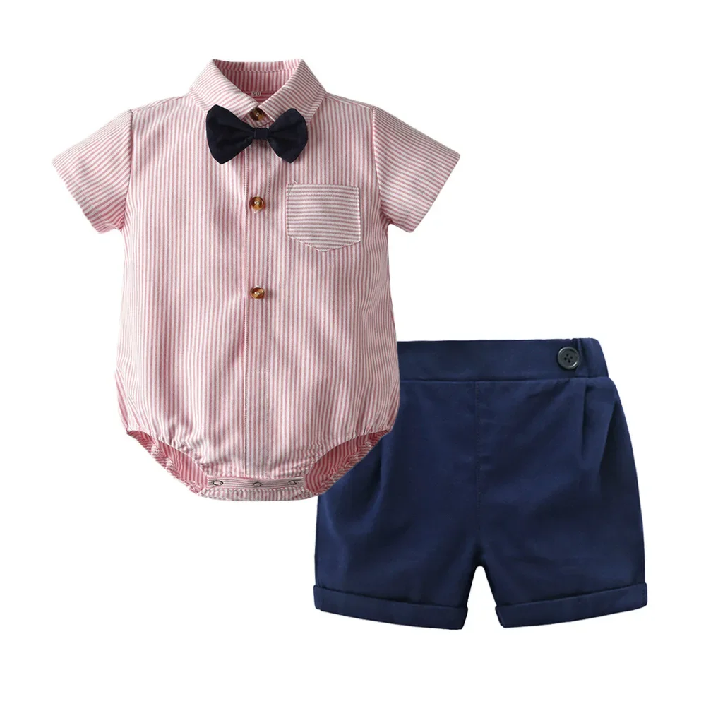 Conjunto de mamelucos de manga corta de verano para niño, camisa pelele de 70-100cm, conjunto de camisa a rayas informal y pantalones cortos para bebé
