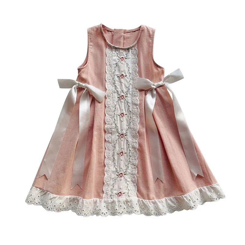 MILANCEL nuevo vestido de verano para niños niñas lindo encaje bordado flores vestido veraniego niños suelto Simple arco prendas de vestir - imagen 5