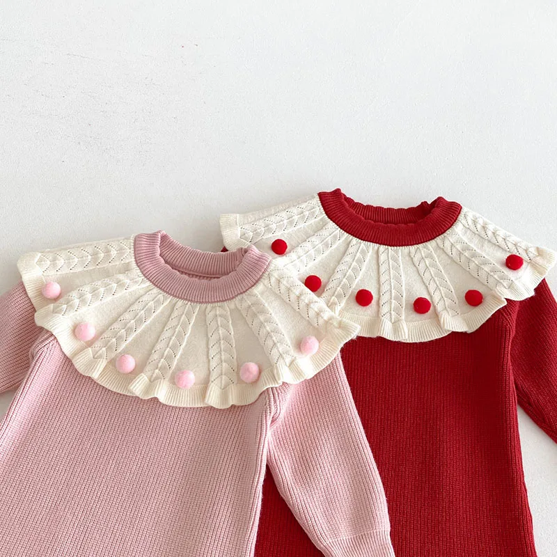 MILANCEL nuevo otoño peleles de punto para bebé 6-24M dulce bolitas bloque de Color mono para niñas pequeñas + sombrero suéter lindo infantil 2 uds - imagen 5