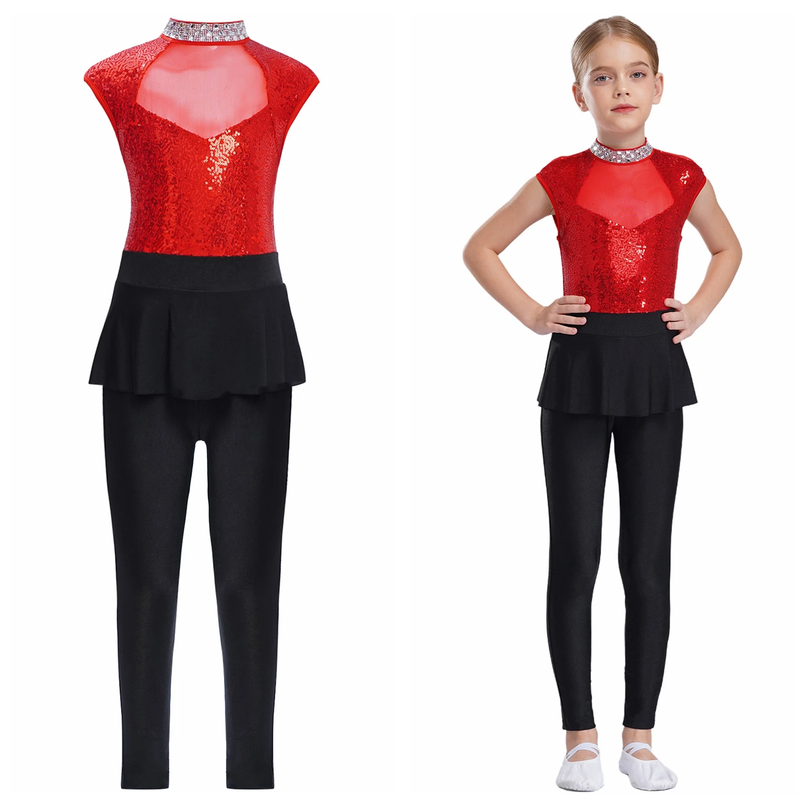 Mono de gimnasia y Ballet para niñas, pelele de patinaje artístico sin mangas de malla de retales con lentejuelas brillantes, mono de baile de Jazz latino - imagen 3
