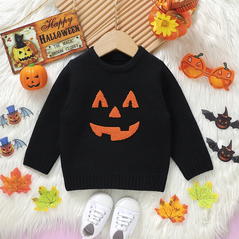 VISgogo-suéteres de Halloween para niños y niñas, Jersey de punto acanalado, manga larga, cuello redondo, bruja y calabaza, ropa de otoño e invierno - imagen 5