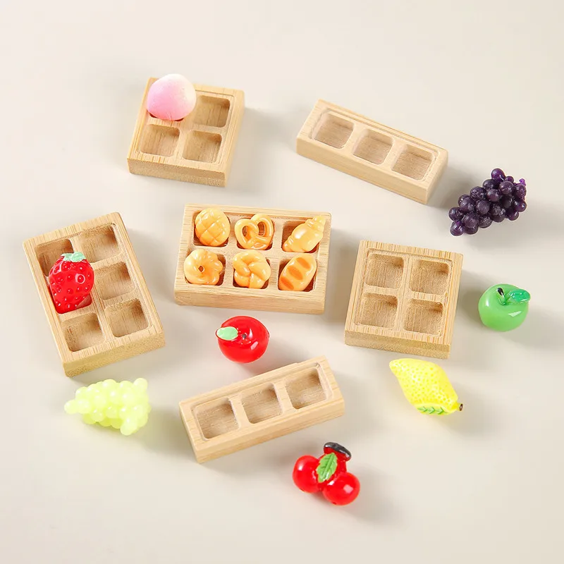 Bandeja de bambú en miniatura para casa de muñecas, bandeja para aperitivos, pastel de fruta, postre, plato de comida, casa de muñecas, escena de juego de simulación, escala 1:12, 5 uds. - imagen 2