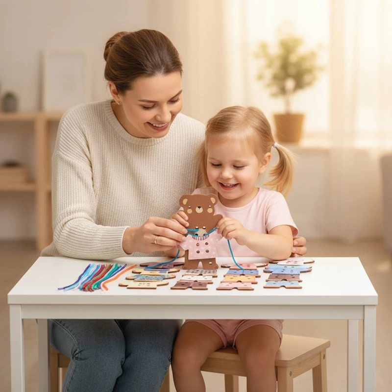 Montessori bebé el juguete de enhebrado del osito es un juguete educativo y educativo con un pequeño oso redondo imag