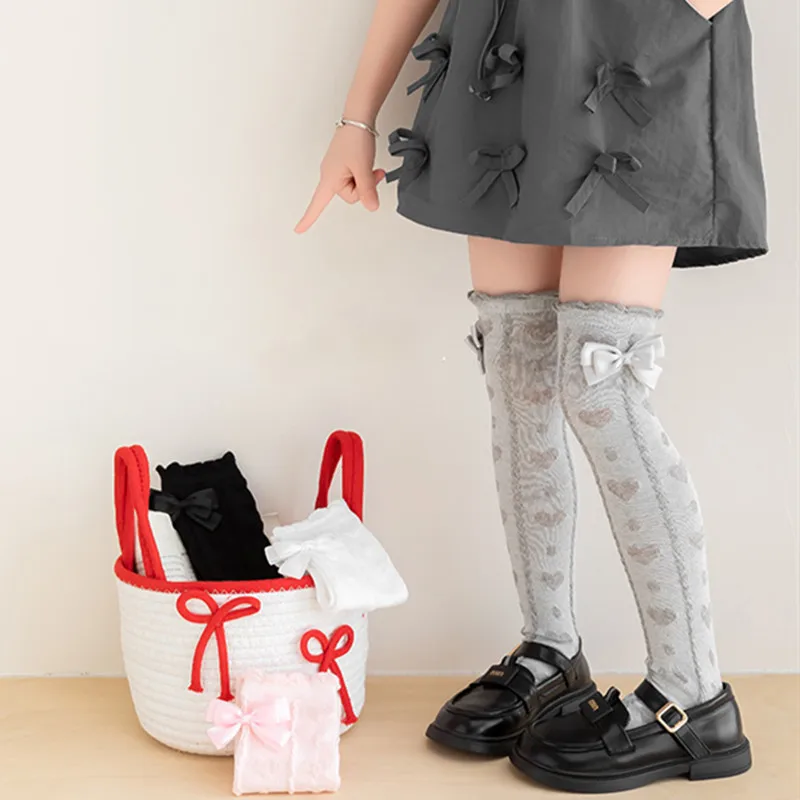 1 par de medias largas con estampado de corazón de amor para niñas, medias finas hasta la rodilla para primavera y verano, medias escolares para niñas - imagen 4