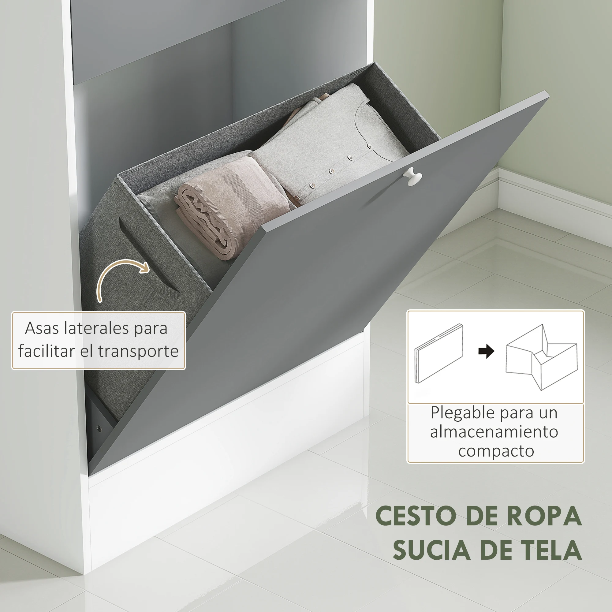 HOMCOM Armario de Baño con Cesto Ropa Sucia Armario Alto de Baño Estrecha con Espejo Cajón Compartimentos Abiertos y Estantes Ajustables 62x28,3x181 cm Blanco y Gris - imagen 5