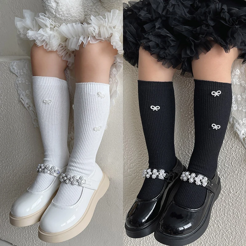 Calcetines de algodón hasta la rodilla para niñas – Lazo blanco perla - imagen 3