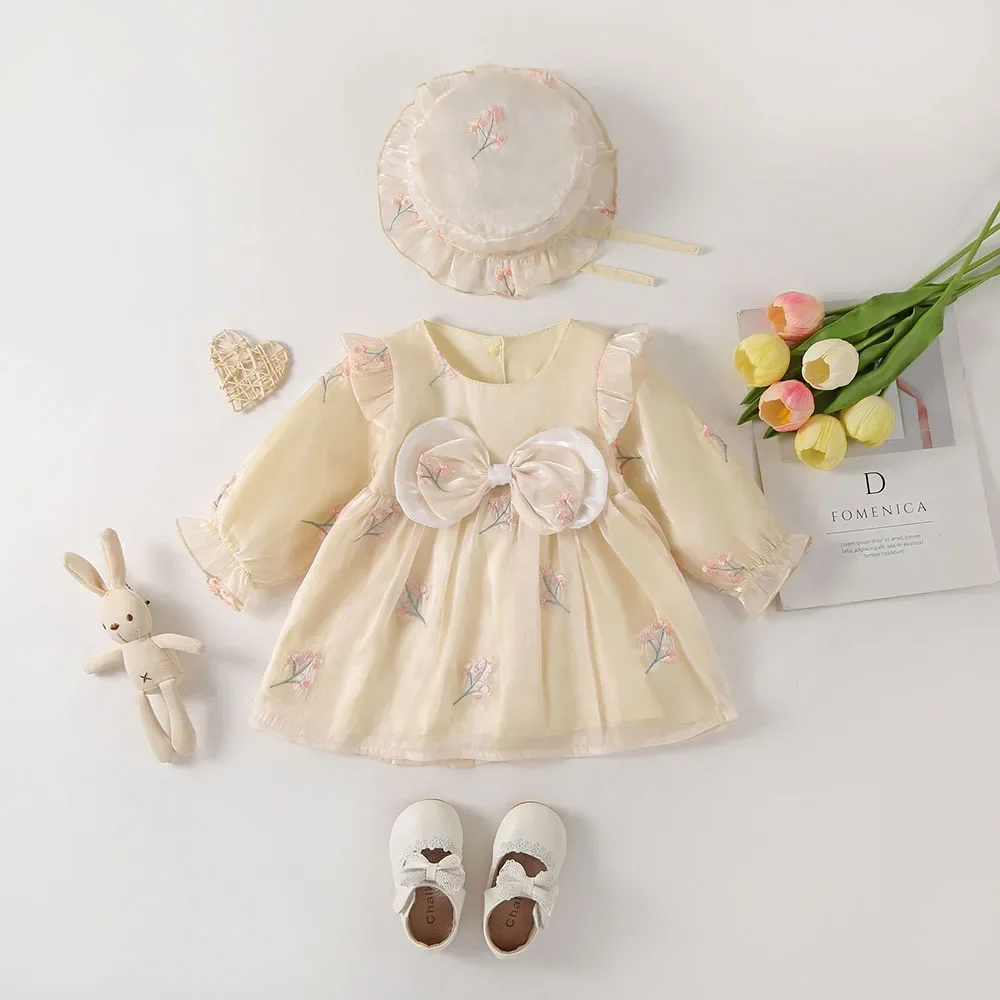 Ropa de otoño para niñas de 0 a 2 años, vestidos de manga larga para bebés, vestidos de princesa de malla, vestido con lazo frontal para niñas con sombrero