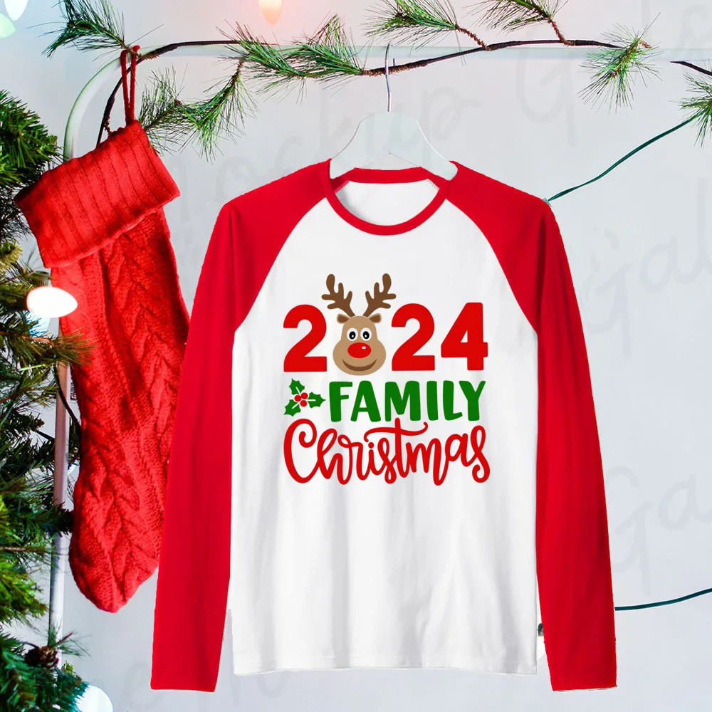 2024 familia Navidad y ciervos estampado familia traje a juego raglán camisas de manga larga camisas de Navidad día de Navidad ropa de vacaciones camiseta - imagen 5