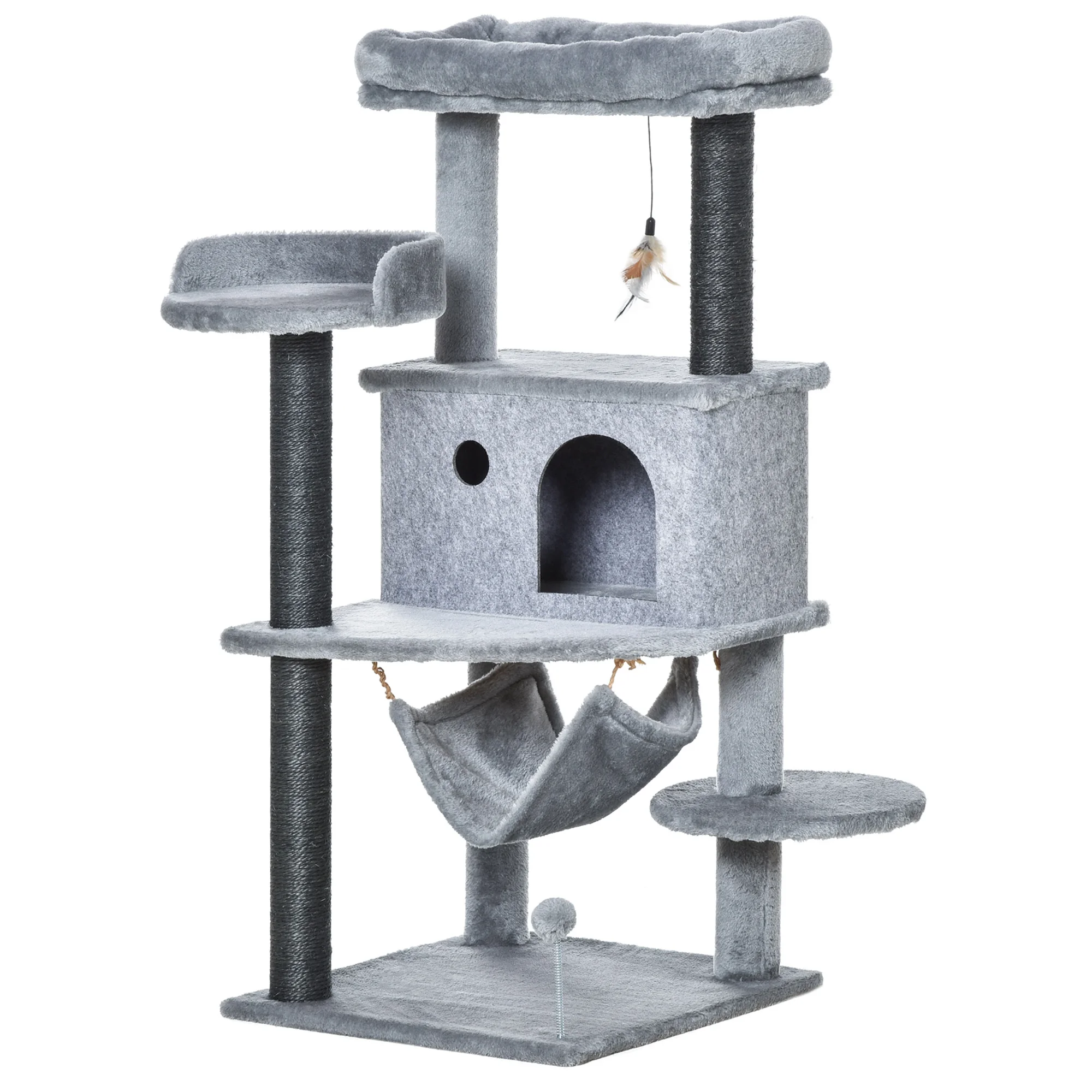 PawHut Árbol Rascador para Gatos 48x48x107 cm con Cueva de Fieltro Desmontable Hamaca Camas de Felpa Múltiples Plataformas Postes Rascadores de Sisal y Juguetes Gris