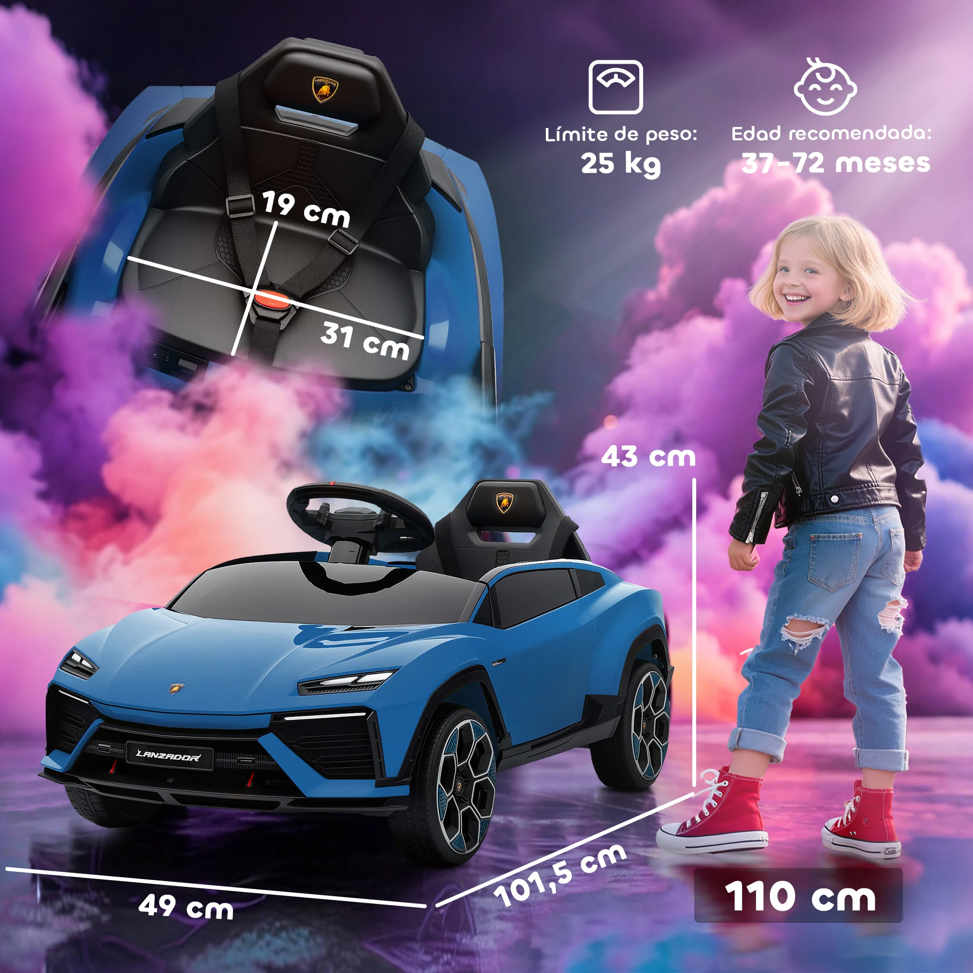 AIYAPLAY Coche Eléctrico para Niños de +3 Años, Lamborghini, Coche de Batería 12V, con Mando a Distancia 2,4 G, Motor Doble, Ruedas con Suspensión, Faros, Música, USB, Blanco - imagen 4