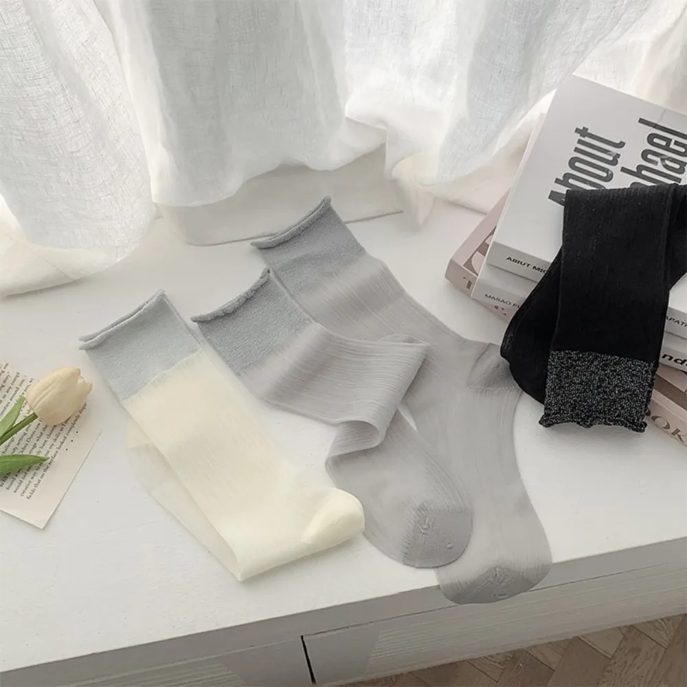 Medias de malla de hilo de plata para mujer, calcetines finos coreanos, lazos JK apilados, dulce, moda, Verano - imagen 4