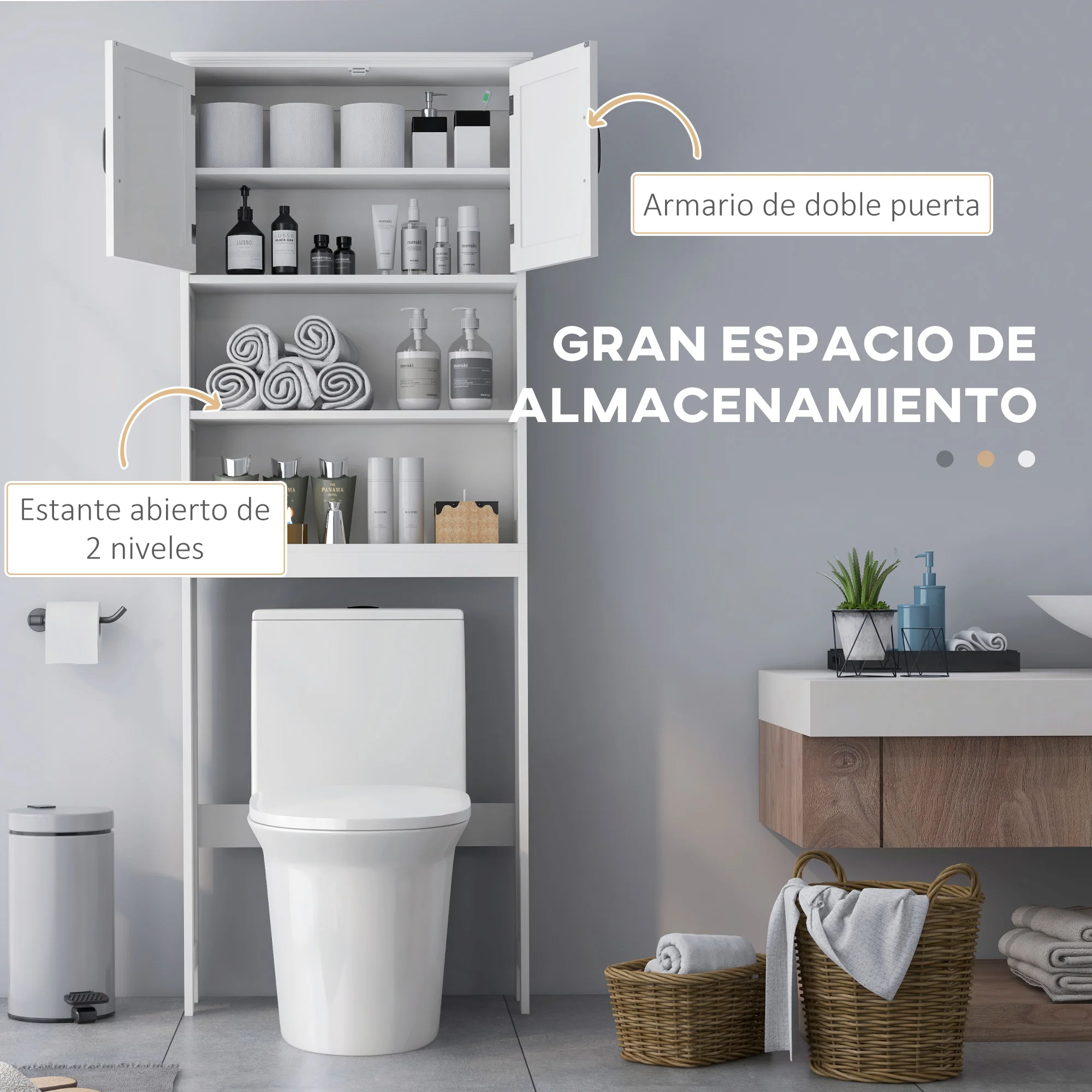 kleankin Mueble sobre Inodoro Armario para Lavadora con 2 Puertas Estantes Abiertos y Estante Ajustable Mueble para Baño 66x23x178 cm Blanco - imagen 4