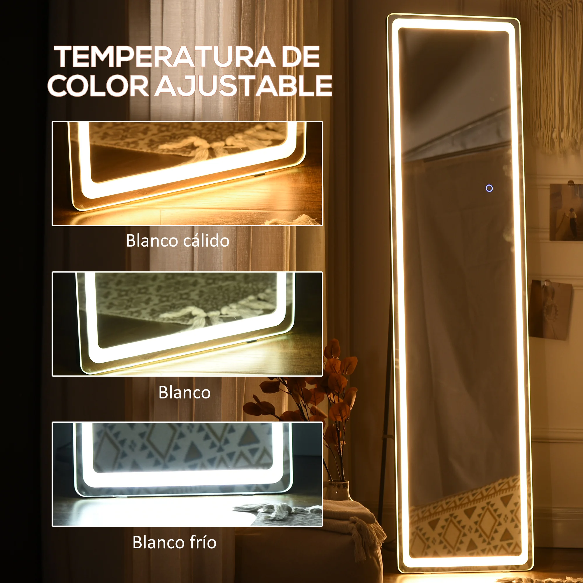 HOMCOM Espejo de Pared de Cuerpo Entero Espejo de Pie de Suelo con Luces LED Mando a Distancia 3 Colores de Luz Ajustable Brillo Ajustable y Marco de Aluminio 40x37x157,5 cm Plata y Negro - imagen 4