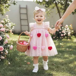 Bebé niña Día de San Valentín mameluco vestido manga voladora corazón decoración tul patchwork mameluco con diadema