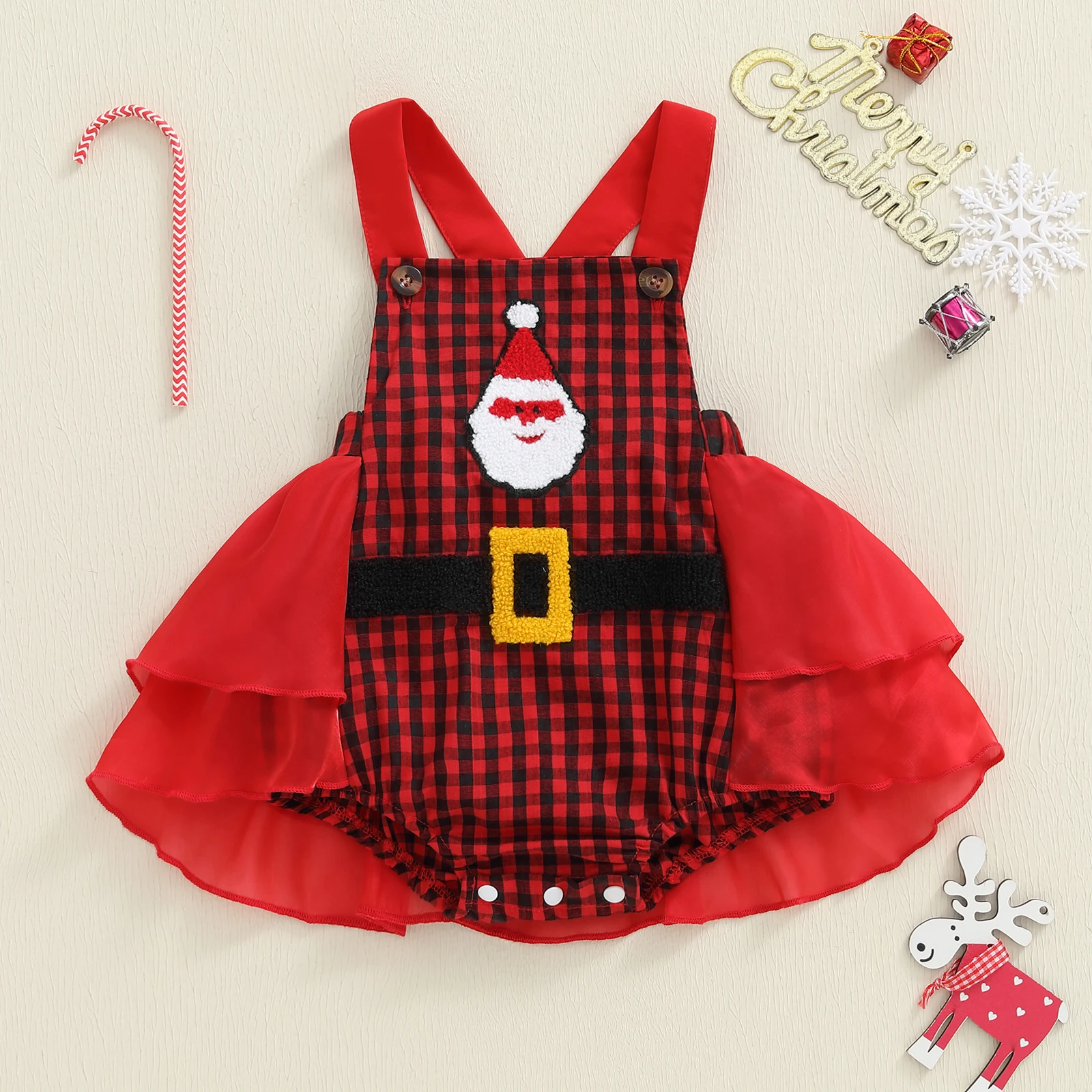 SUNSIOM Bebé Navidad Mameluco Mono Cinturón Sombrero Bordado Sin Mangas Mono A Cuadros para Niñas Infantiles