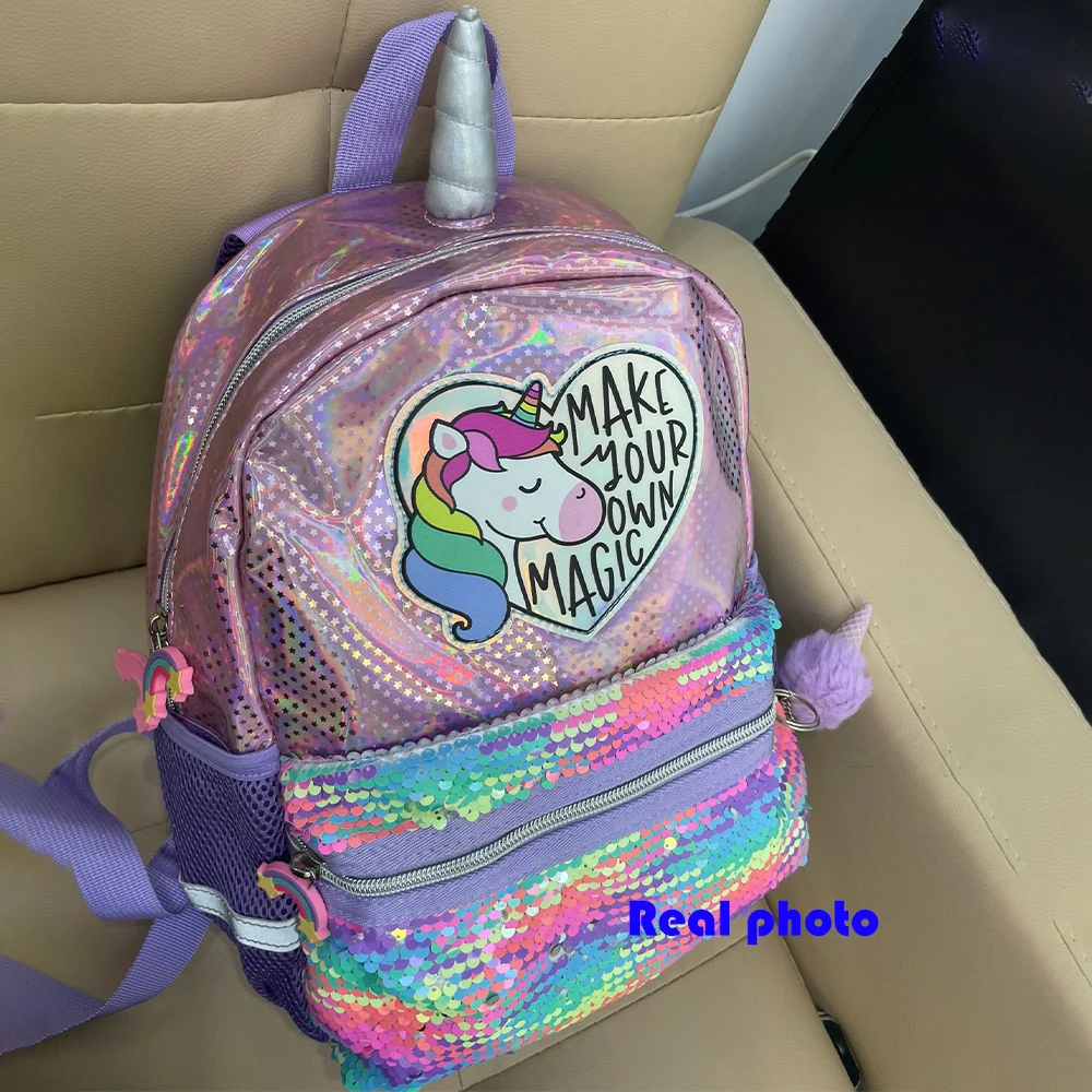 Mochilas holográficas de unicornio arcoíris para niñas, bolsas jardín infantes, pequeñas antipérdida, lentejuelas láser, 3-6T - imagen 5