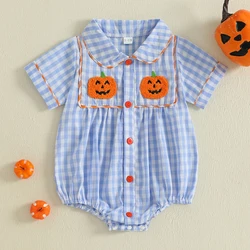 VISgogo Mono bordado de calabaza para niña de 0 a 18 meses, peleles a cuadros con cuello de muñeca de manga corta para Halloween