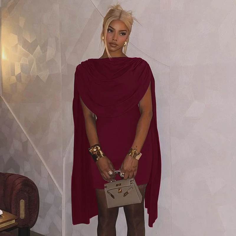 Nuevo vestido ajustado con cuello vuelto para mujer, Falda corta de cintura alta de Color sólido, traje Sexy con chal para reuniones de Halloween - imagen 2