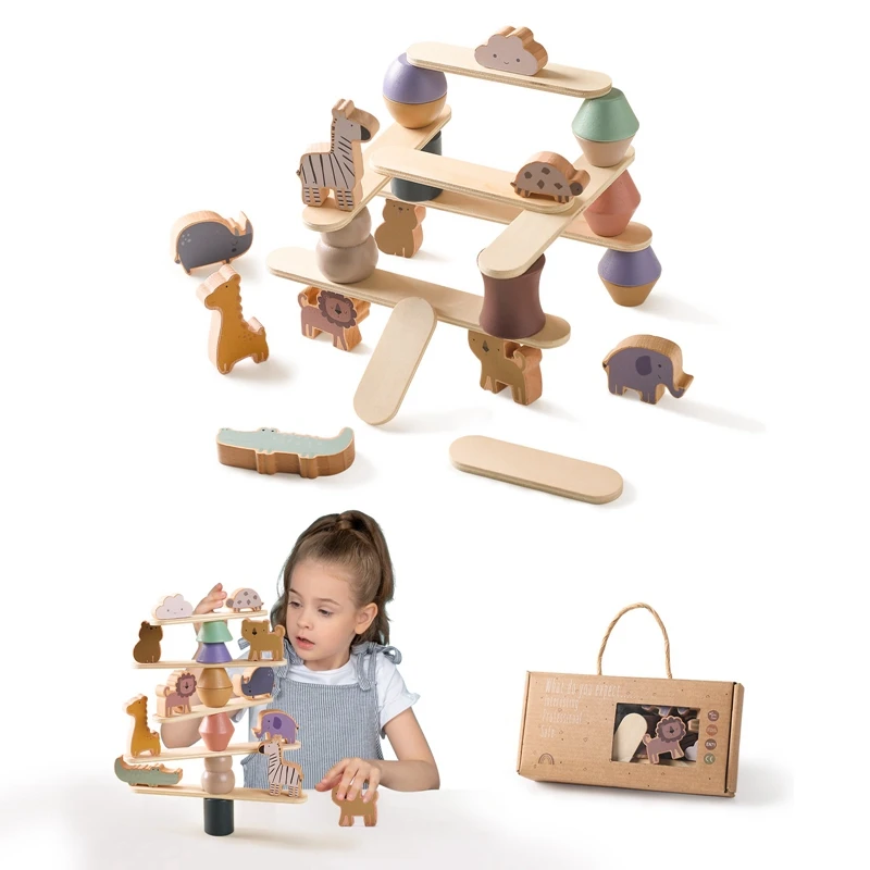 Juguete Montessori de apilamiento de animales de madera para niños, juguetes de bloques de equilibrio, juego de mesa educativo, bloques de apilamiento de equilibrio, regalos para bebés