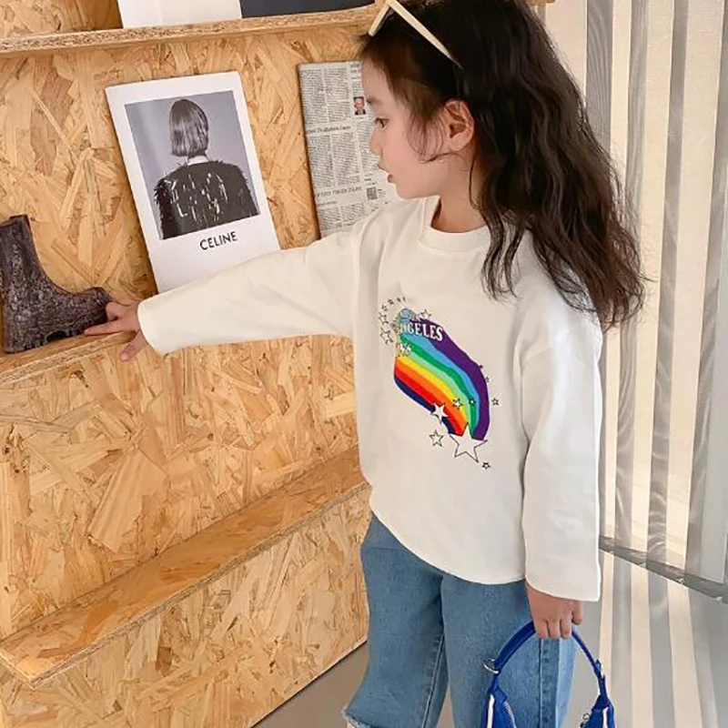 Conjunto de ropa superior e inferior para niña, traje sencillo de moda coreana para niña, conjunto de dos piezas con estampado de arco iris, mangas largas y pantalones, primavera - imagen 5