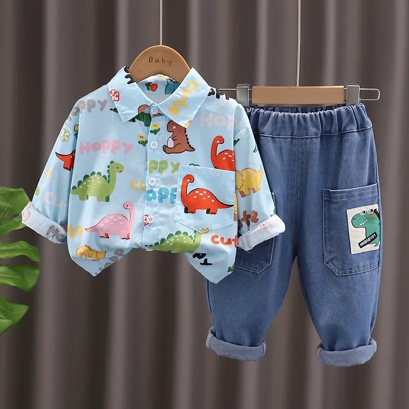 Conjunto de ropa para niños de 1 a 5 años, camisa de dinosaurio y pantalones vaqueros, traje de 2 piezas, Otoño, 2024 - imagen 2