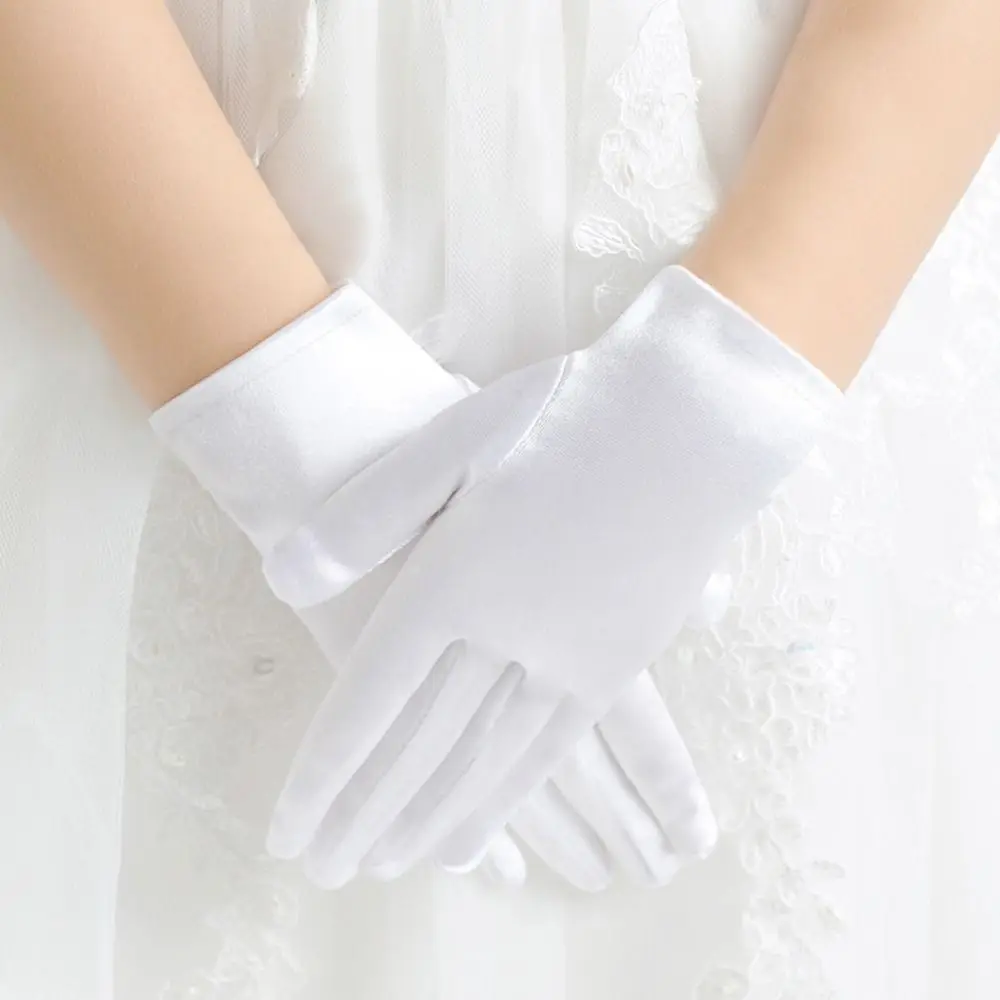 Guantes de boda blancos elegantes para niños, guantes cortos de encaje satinado brillante, guantes elásticos para vestido de etiqueta, vacaciones - imagen 4
