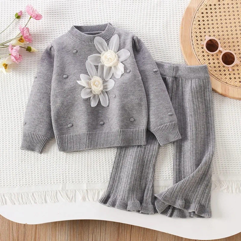 Nuevo conjunto de punto de estilo coreano a la moda de invierno para niñas, jersey de flores sólidas para niños de dos piezas, traje cálido y agradable para la piel para niños - imagen 3