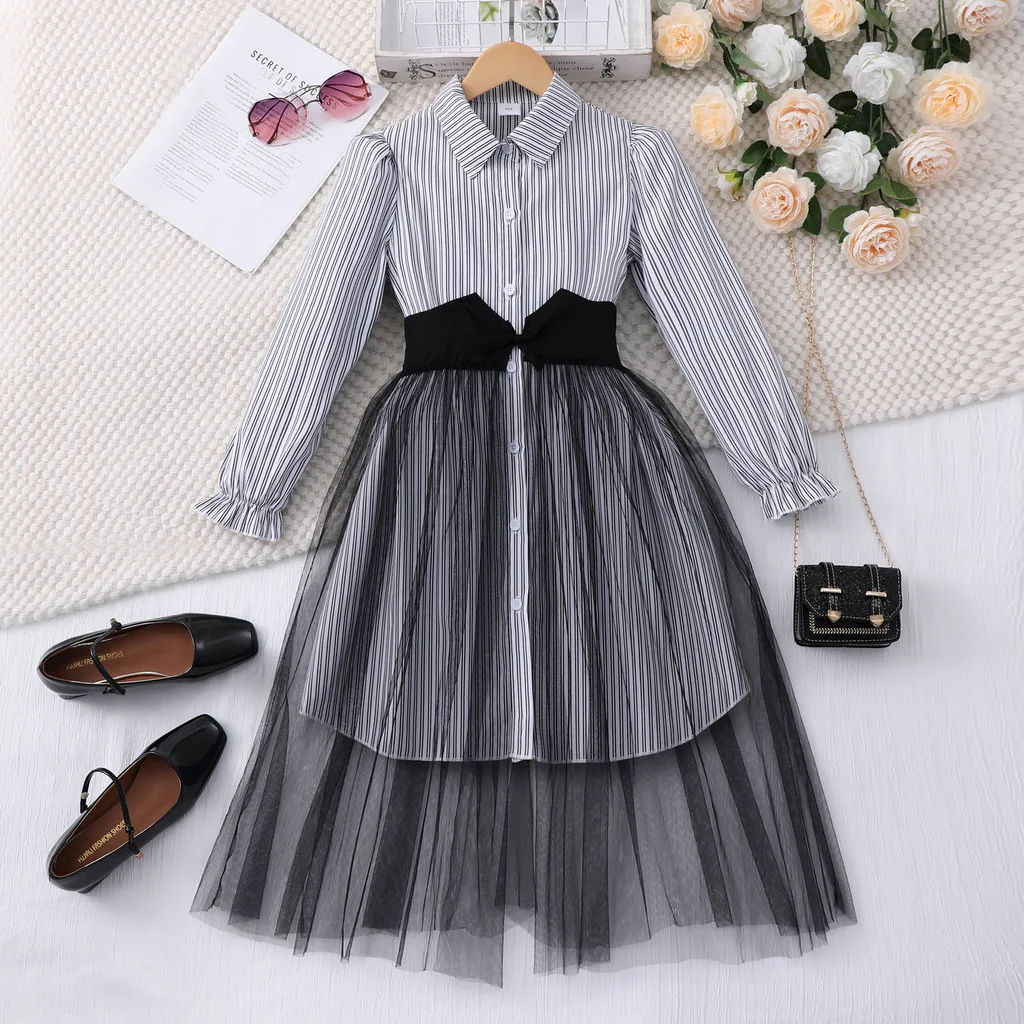 Vestido a rayas para niñas, vestidos de princesa de manga larga de verano para niños, ropa de fiesta sencilla a la moda para adolescentes de 8, 9, 10, 11 y 12 años