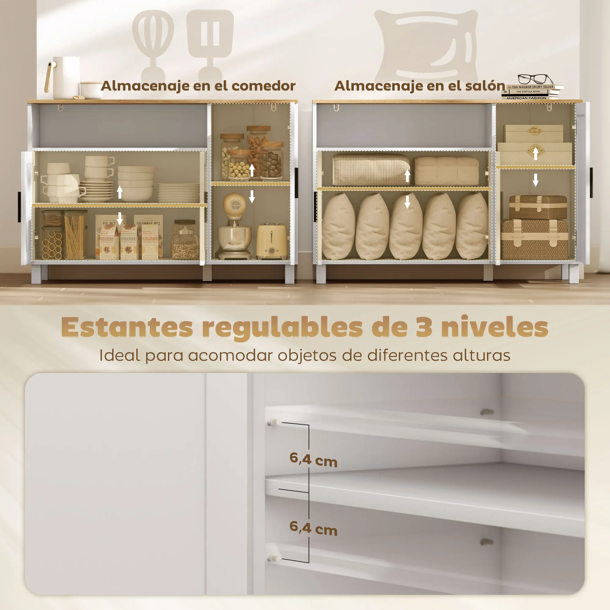 HOMCOM Aparador de 3 Puertas de Cierre Suave, Aparador de Salón con Estantes Ajustables, Compartimento Abierto, Patas de Madera, para Cocina, Entrada, Dormitorio, Blanco, 110x33x75 cm - imagen 5