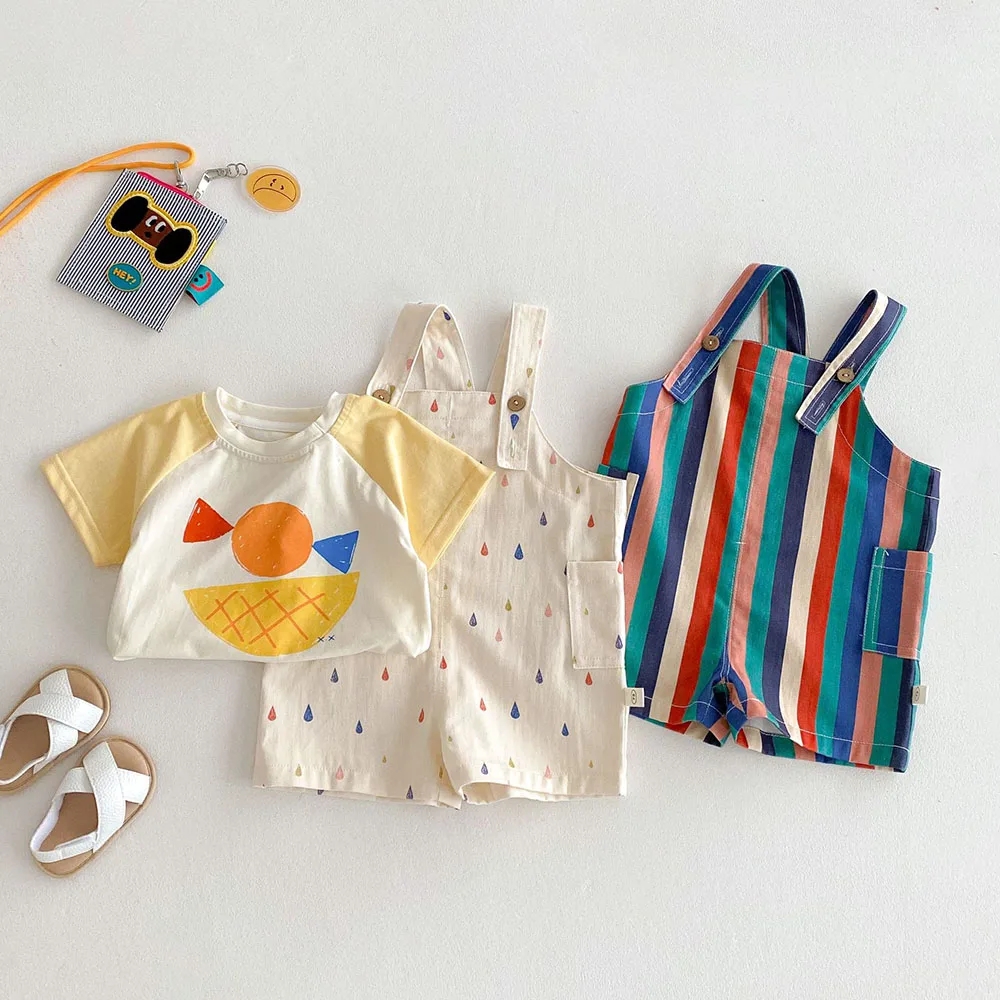 Ropa de verano para niños de 9M-5T, monos a rayas coloridas, monos con estampado de gotas de lluvia para niñas, traje para niños - imagen 2