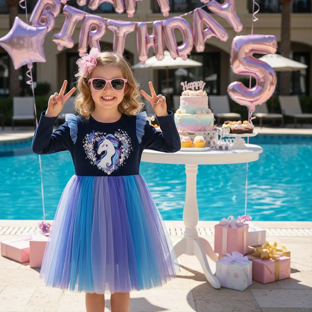 DXTON Vestido unicornio para niña – Diseño princesa con malla y corazones