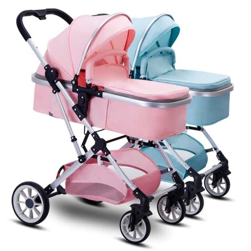 Cochecitos gemelos para sentarse y acostarse, paisaje alto plegable y ligero