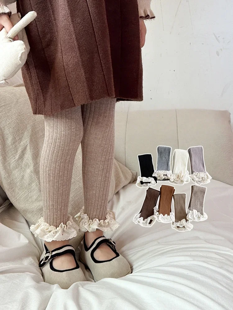 Mallas Retro con volantes para niñas, pantalones de punto acanalado elástico, medias estilo noveno Lotita, primavera 2026 - imagen 3