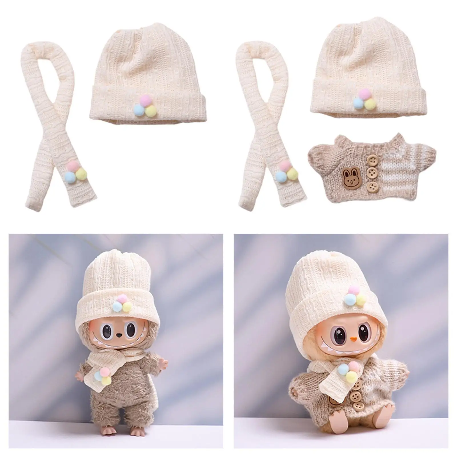Cute Figure Knit Hat with Scarf Doll Cuffed Cap Cute Photo Props, Dress up DIY Stuffed Doll Hat Doll Headgear for 5.91''