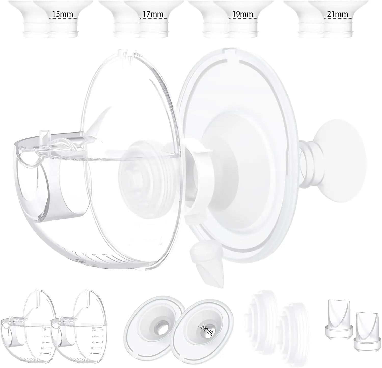 Dos juegos compatibles con piezas de repuesto para extractor de leche Momcozy M5, copa de colección y inserto de brida de 8 piezas de 15/17/19/21 mm para M5