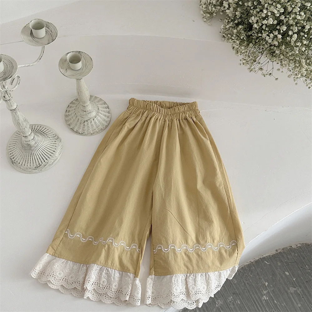 Nuevos pantalones de primavera para bebé, bonitos pantalones de pierna ancha con bordado de encaje para niñas de 0 a 3 años, pantalones sueltos simples para niños pequeños - imagen 4