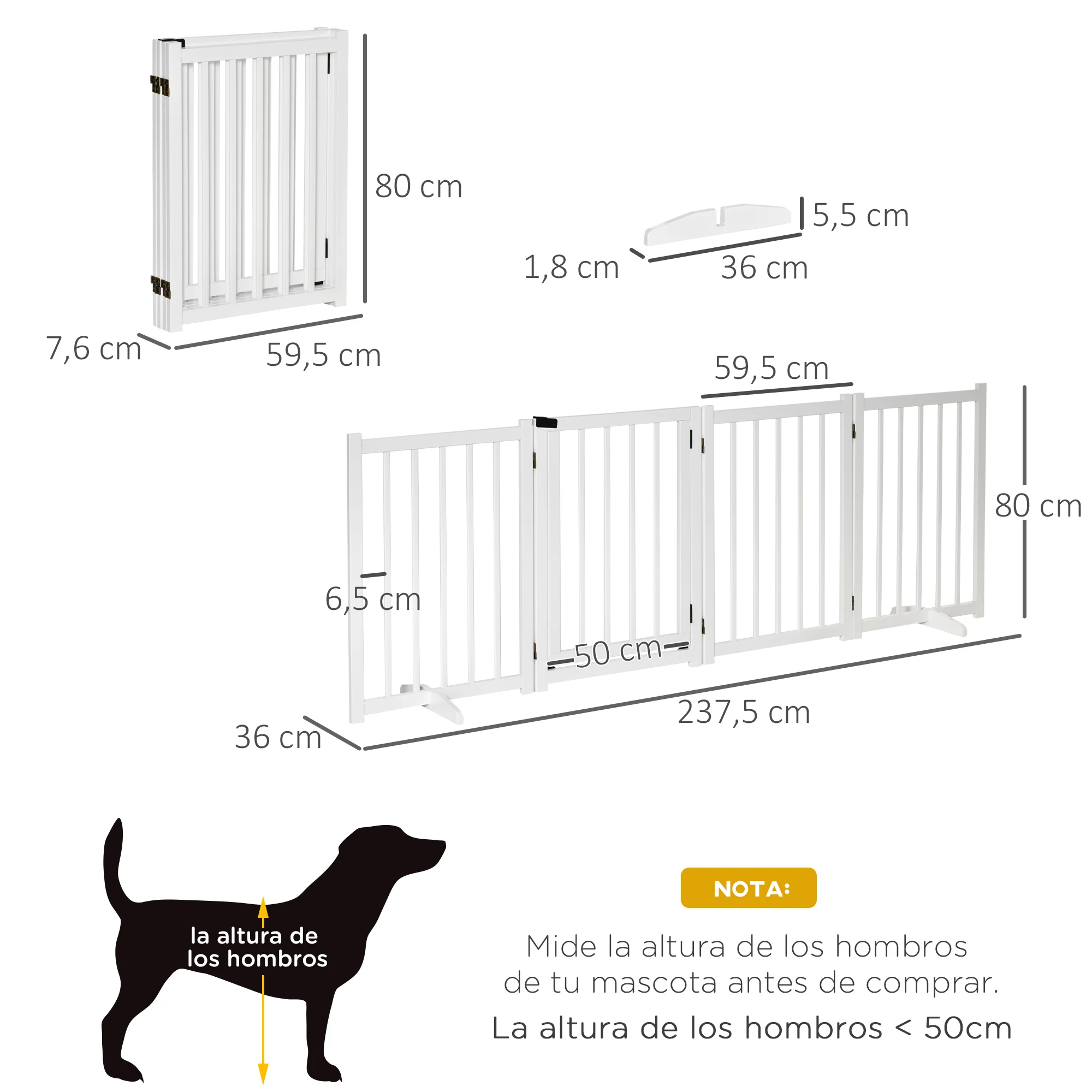 PawHut Barrera para Perros Plegable Valla para Perros Pequeños y Medianos de 4 Paneles con Puerta Barrera de Seguridad de Madera para Escaleras Pasillos 237,5x36x80 cm Blanco - imagen 3