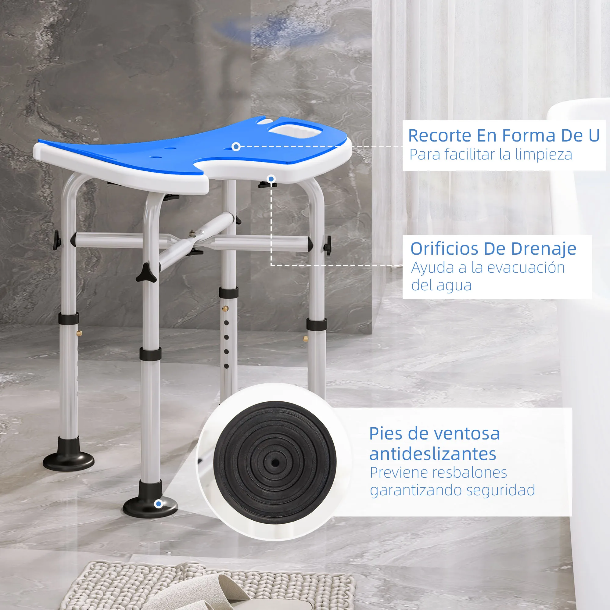 HOMCOM Taburete de Ducha Silla Ducha Personas Mayores Antideslizante Silla para Ducha con Barra de Agarre por Ventosas Altura Regulable y Asiento en Forma de U Carga 150 kg Azul - imagen 5