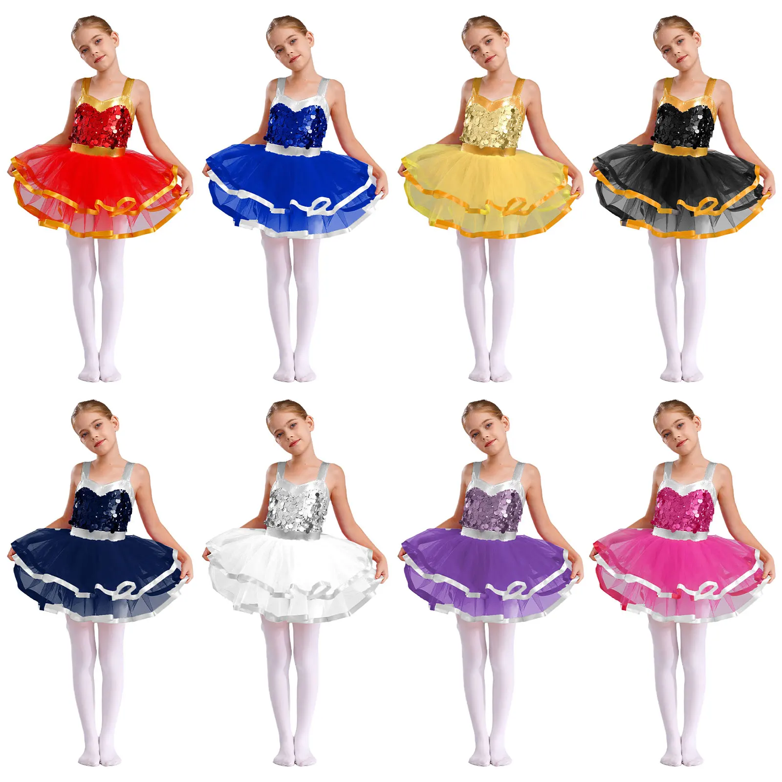 Vestidos de tutú de Ballet para niñas, disfraz de princesa bailarina, sin mangas, bloque de Color, lentejuelas brillantes, vestido de leotardo de patinaje artístico - imagen 2