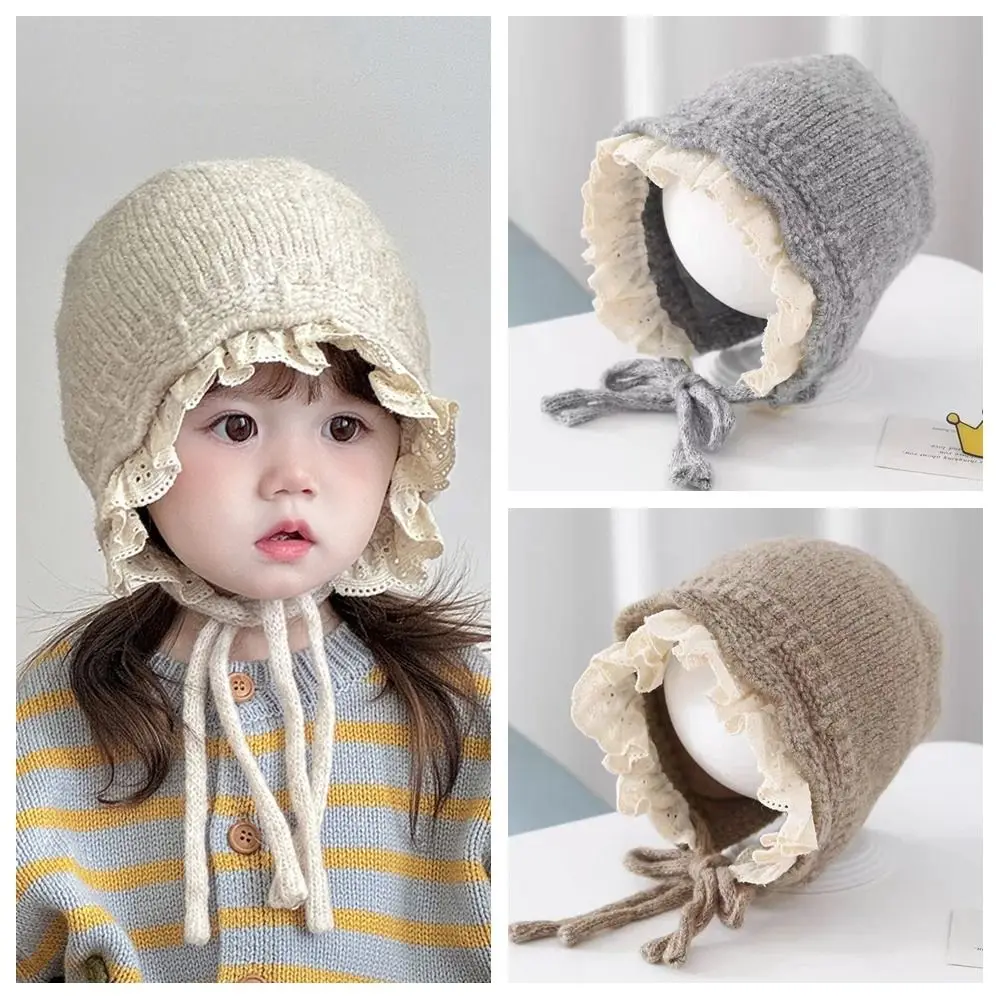 Gorro suave y cálido a prueba de viento para bebé, gorro más cálido con bordes de encaje, protección para los oídos, gorro grueso con protección para los oídos para exteriores - imagen 3