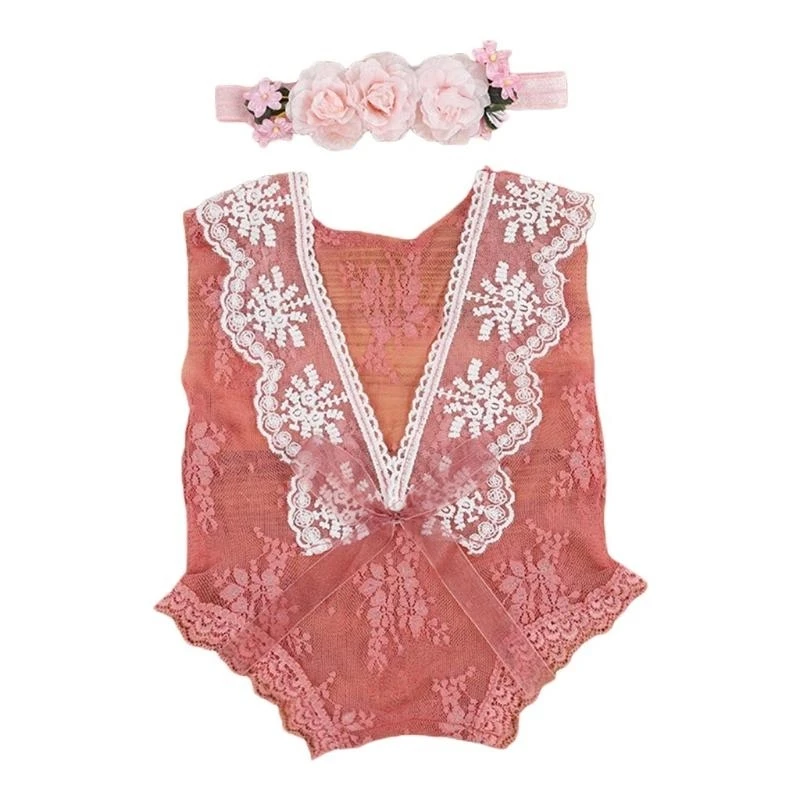 M76C Baby Lace Compper Diadema Conjunto fotografía Recién nacida Bodysuit Flower Band