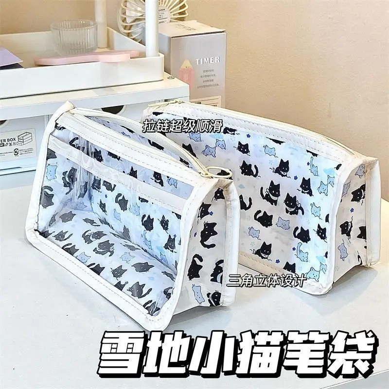 Bolsa de lápices Snow Kitten Ins, estuche de lápices transparente de alto valor, bolsa de almacenamiento multifuncional para estudiantes, bolsa de papelería de gran capacidad - imagen 3