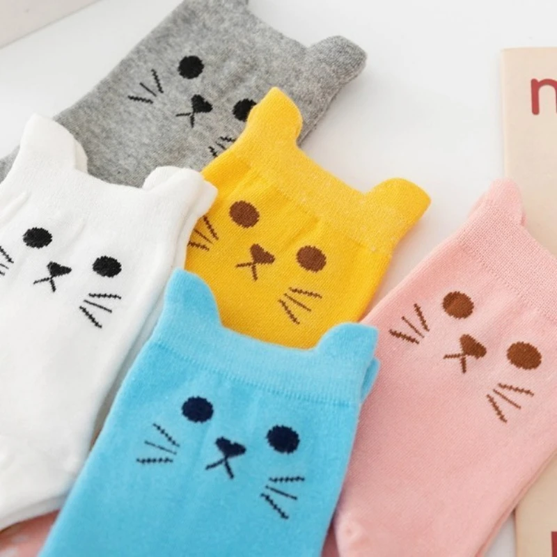 Paquete de 5 pares de calcetines a media pantorrilla con bonito gato en 3D para mujer, calcetines cálidos de algodón con estampado de pata de gato de estilo coreano para otoño/invierno para Halloween - imagen 5